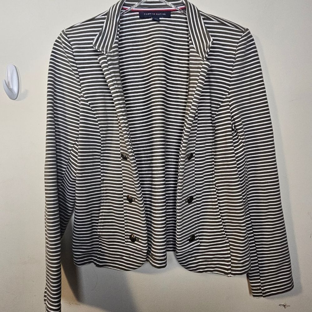 Tommy Hilfiger Striped Open Front Blazer Captain Jacket Medium Green/White
